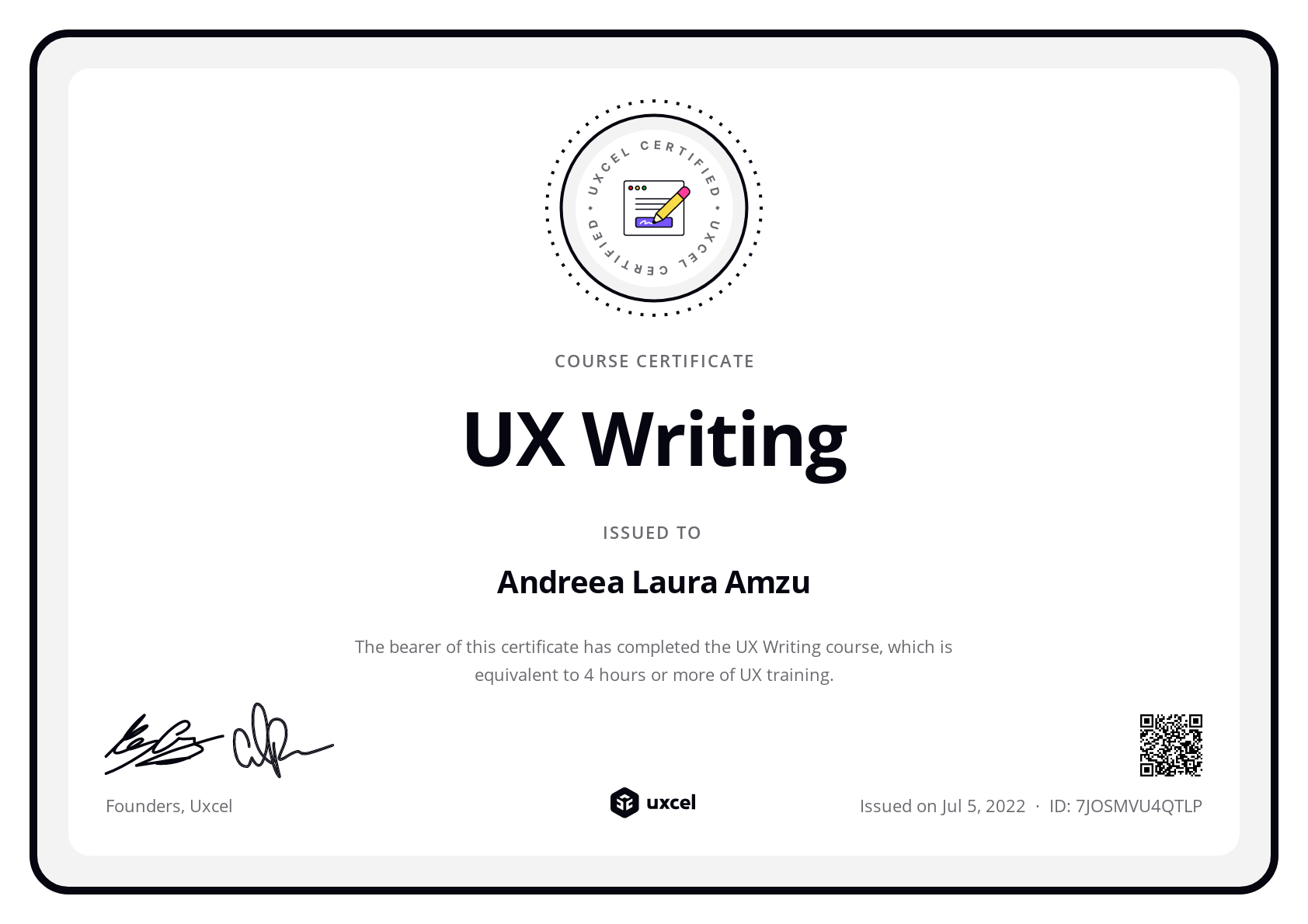 Andreea Laura Amzu's certificate